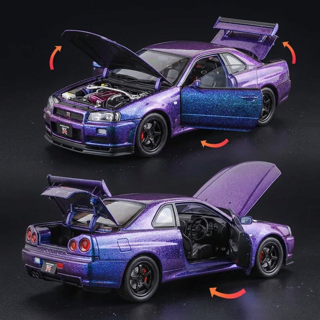 Purple model car with open doors and hood on a gray background