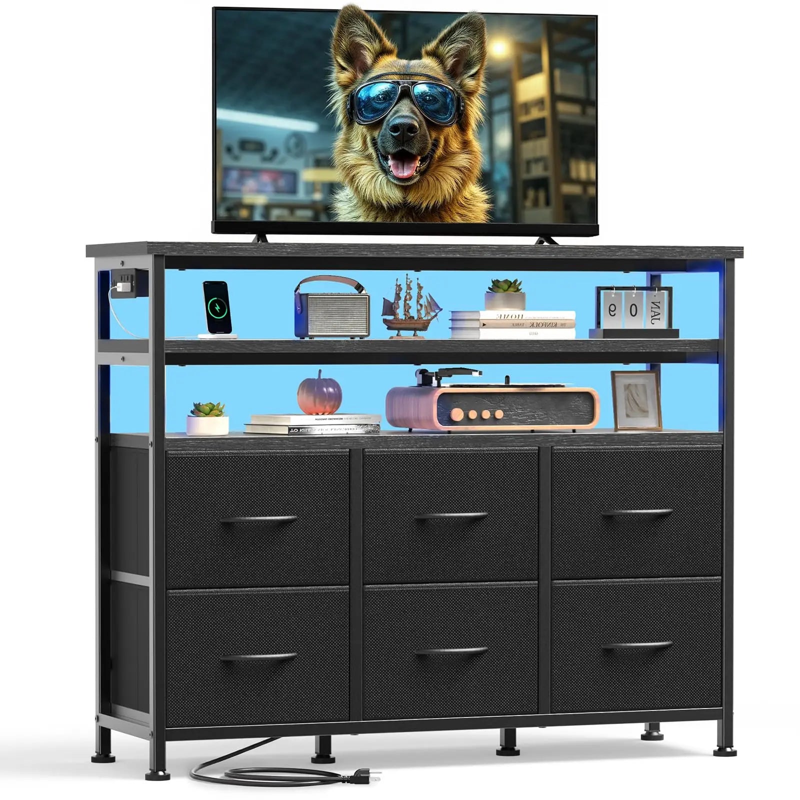 JHK TV Stand with 6 Fabric Drawers & LED Lights — Fits Up to 45" TV, Charging Station, Wood Top