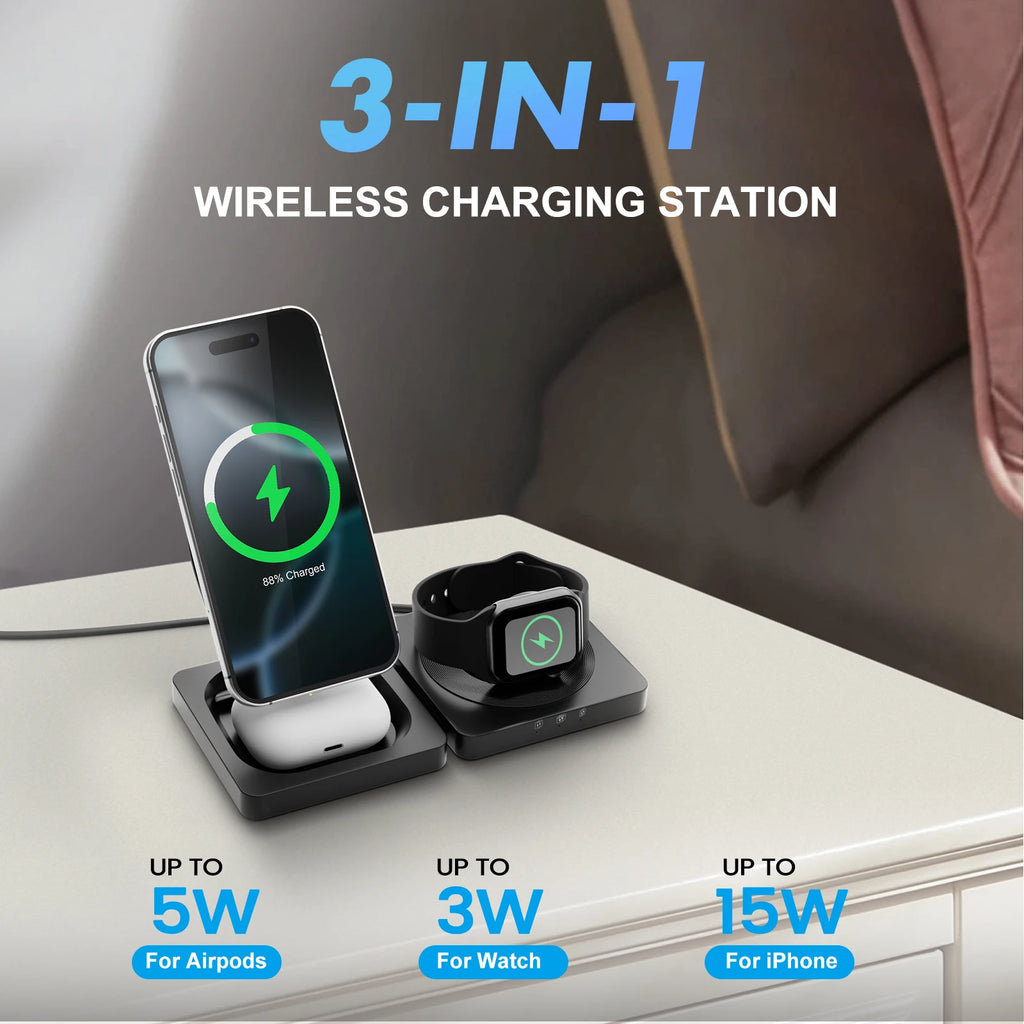 3-in-1 Magnetic Wireless Charging Station | MagSafe Fast Charger for iPhone, Apple Watch & AirPods