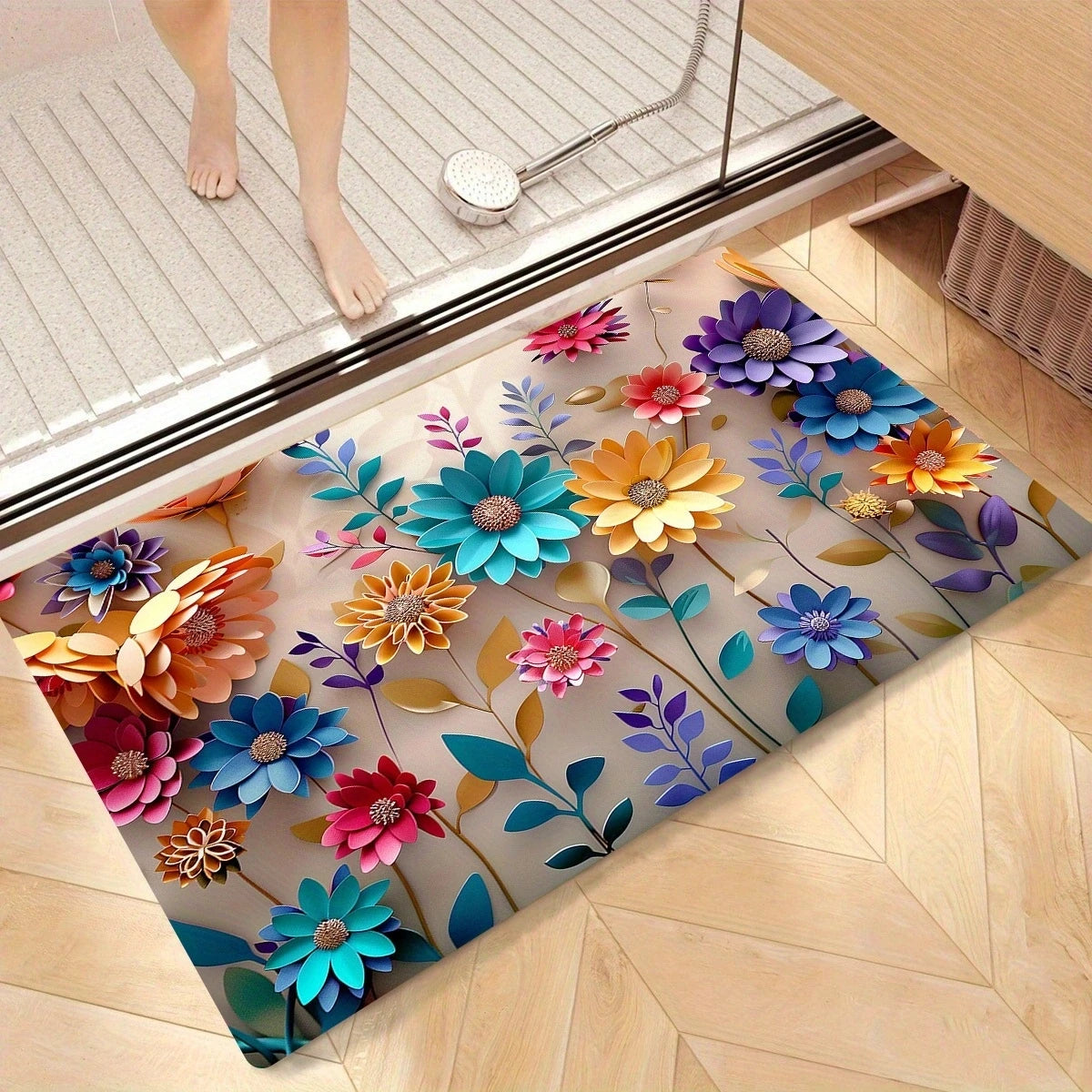 Floral Print Bathroom Mat - Anti-Slip, Super Absorbent & Quick-Dry Shower Floor Mat