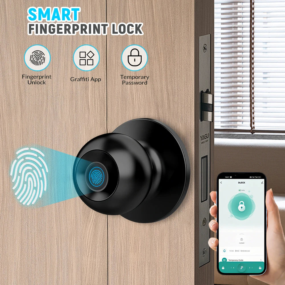 Tuya Smart Fingerprint Door Knob Lock WiFi App Remote Control Keyless Entry Smart Door Lock Temporary Password