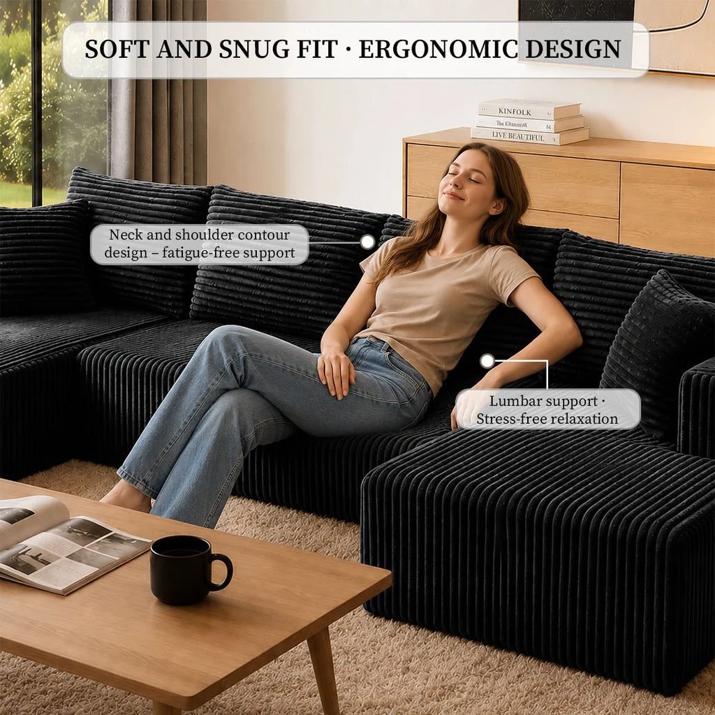 132" U-Shaped Sectional Sofa — 8-Piece Corduroy Cloud Couch with Double Chaise, Seats 6, Sofa Bed