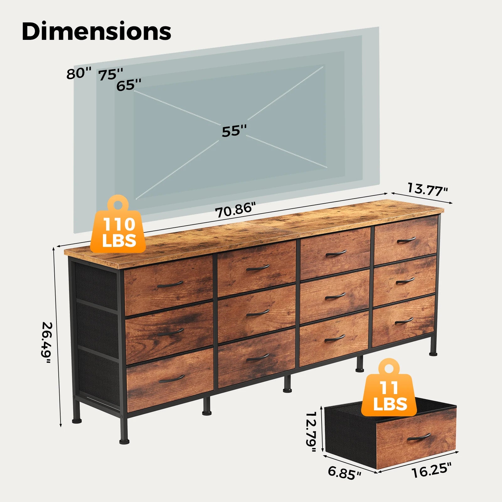 JHK 12-Drawer Fabric TV Stand — Fits Up to 80" TVs, 110 lb Top, Entertainment Center & Dresser