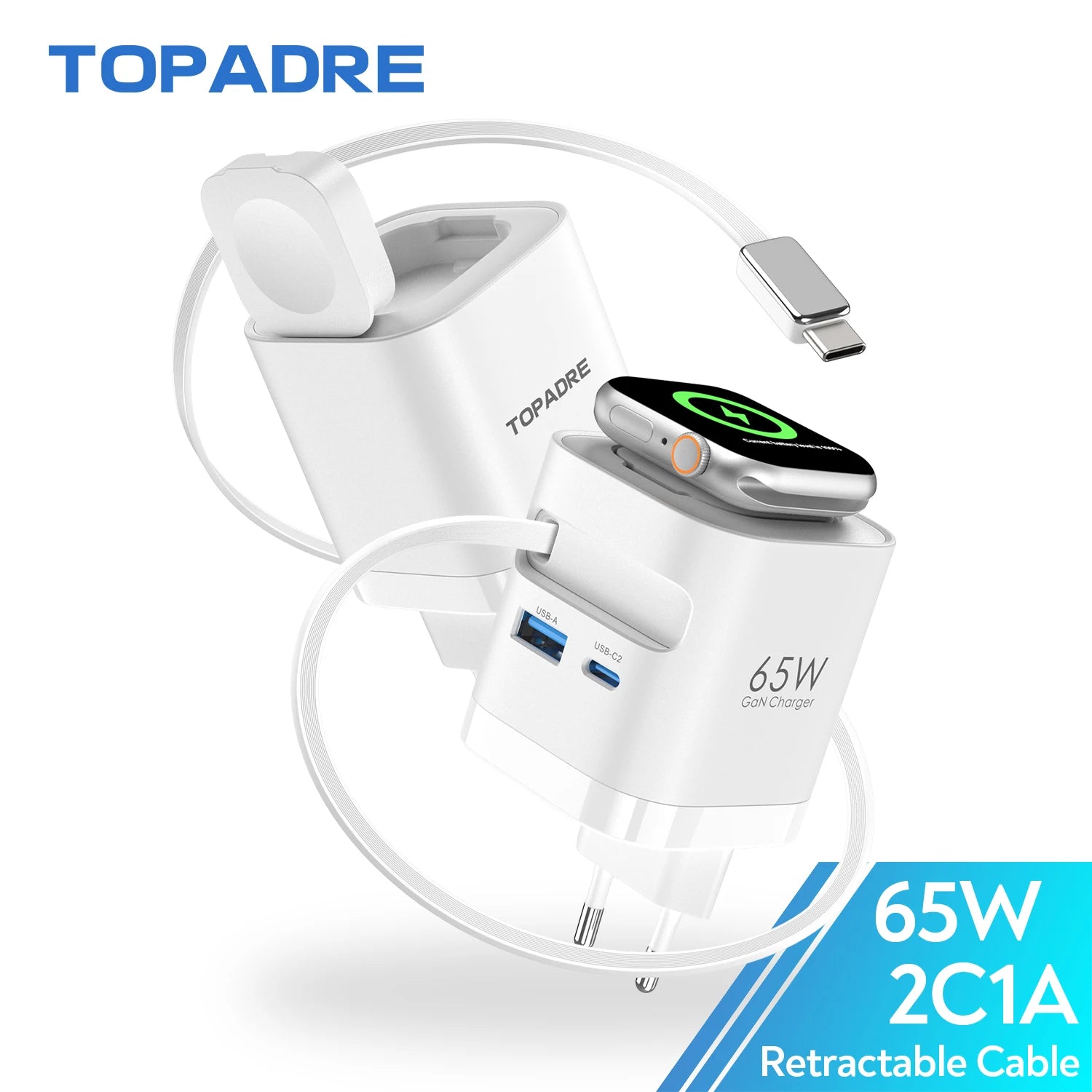 TOPADRE Retractable 65W For Apple Watch wireless Charger, Rapid Charging for Macbook,for iPhone, iPad smartphone, Foldable
