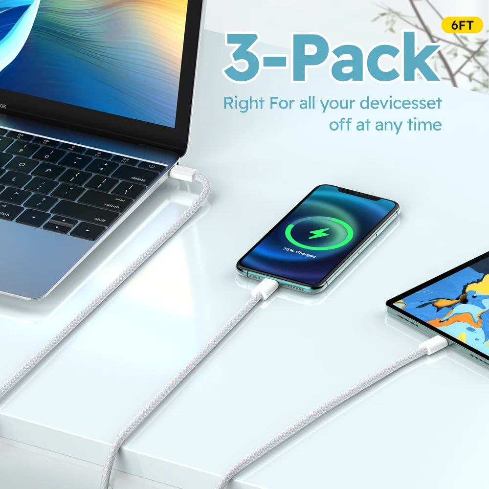 3pcs 6ft 60W Nylon weave Fast Charger  Type C to USB C Cable for Samsung for Xiaomi for iPhone 15 Pro/iPad/Android