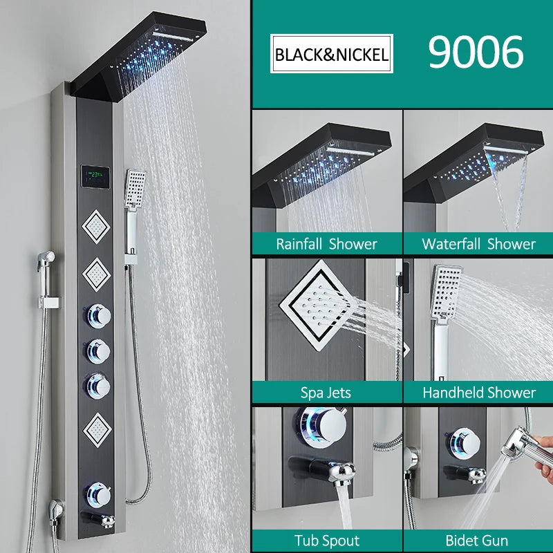6-Function LED Shower Panel — Rain, Waterfall, Massage Jets, Bidet & More | Brushed Black Nickel