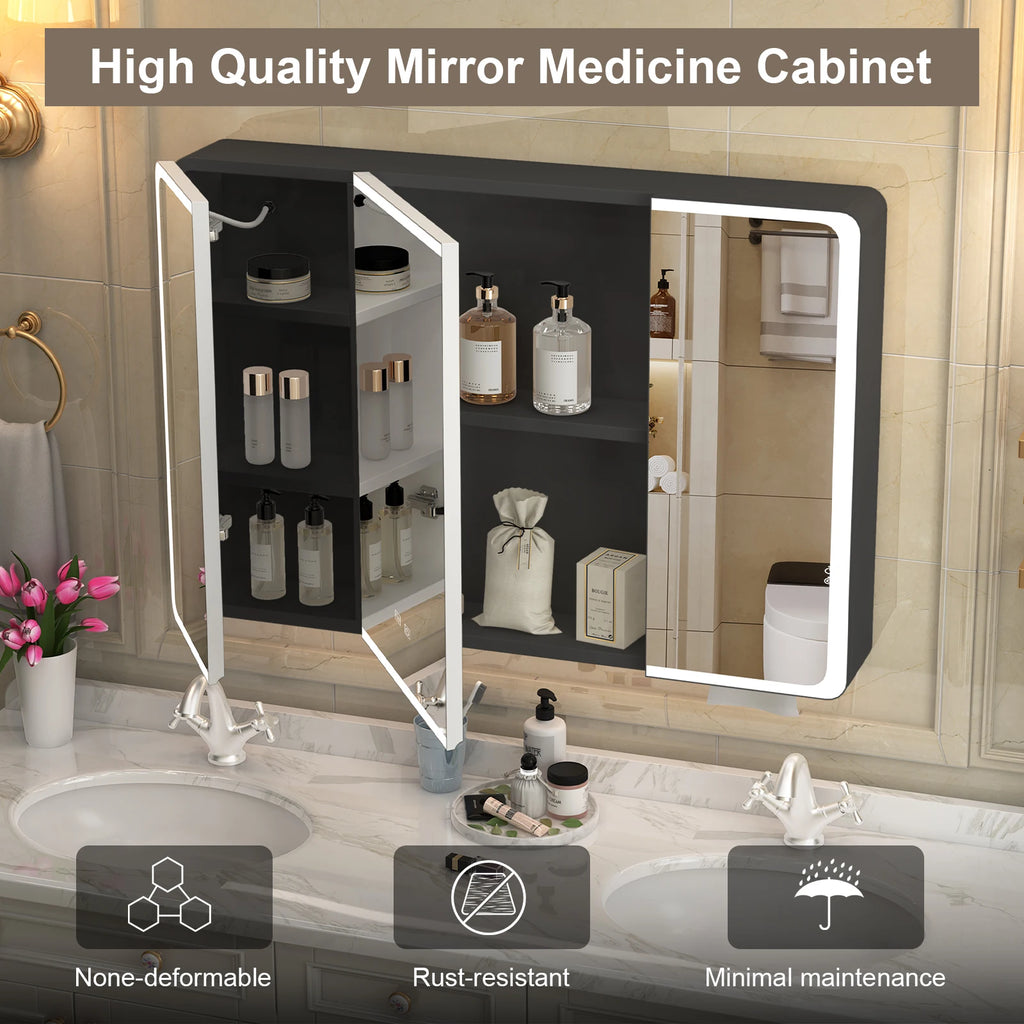 Large LED Medicine Cabinet with Mirror — 2-Door Wall Mount, 5-Compartment Storage, Defogging