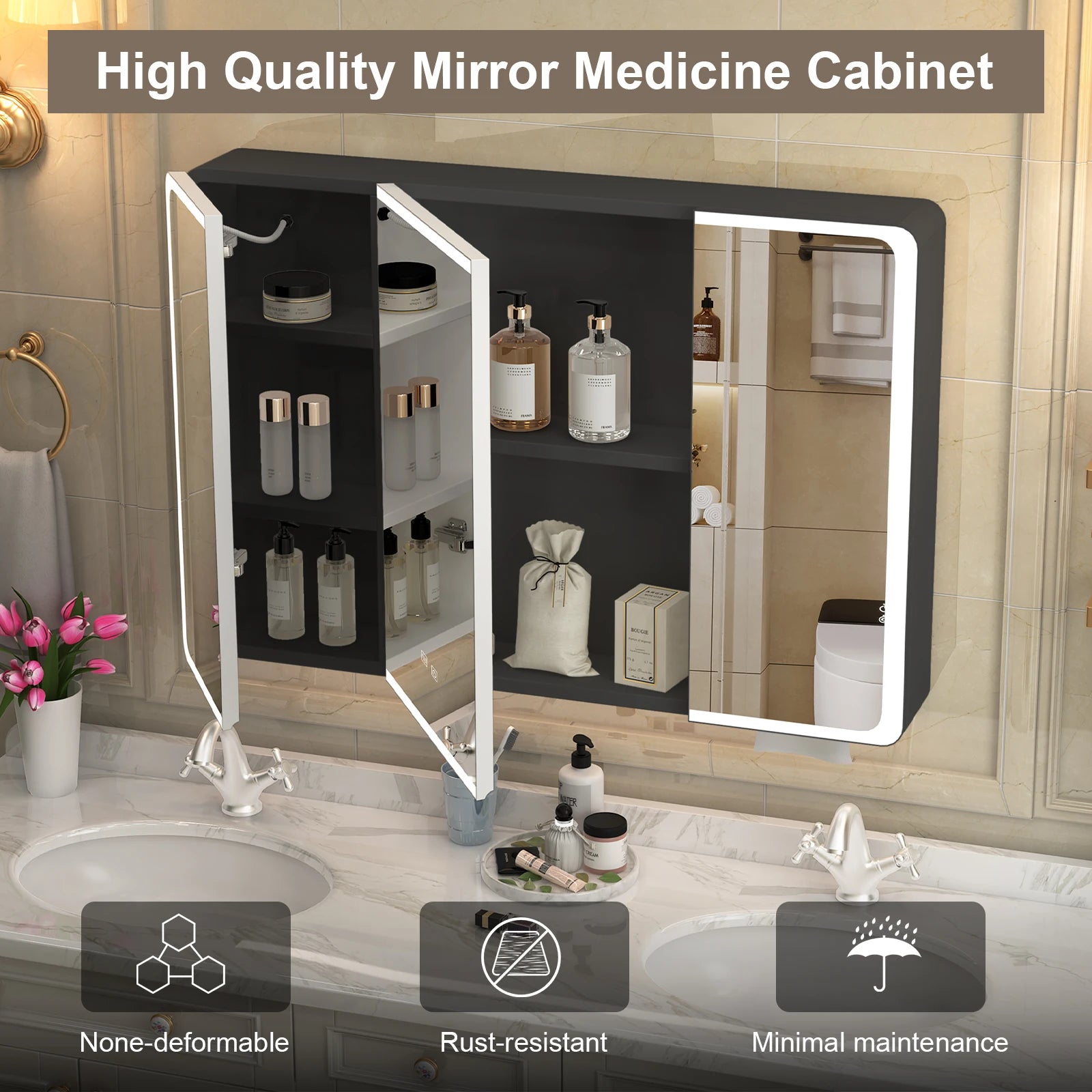 Large LED Medicine Cabinet with Mirror — 2-Door Wall Mount, 5-Compartment Storage, Defogging