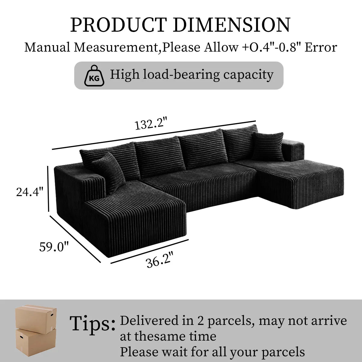 132" U-Shaped Sectional Sofa — 8-Piece Corduroy Cloud Couch with Double Chaise, Seats 6, Sofa Bed