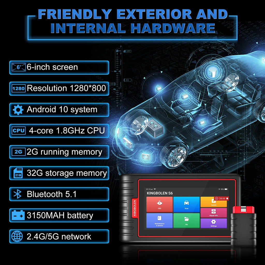 Kingbolen S6 OBD2 Scanner Bluetooth All System lifetime Free Update CAN FD Diagnostic Tool 28+ Resets SAS/BMS/TPMS Scan Tool