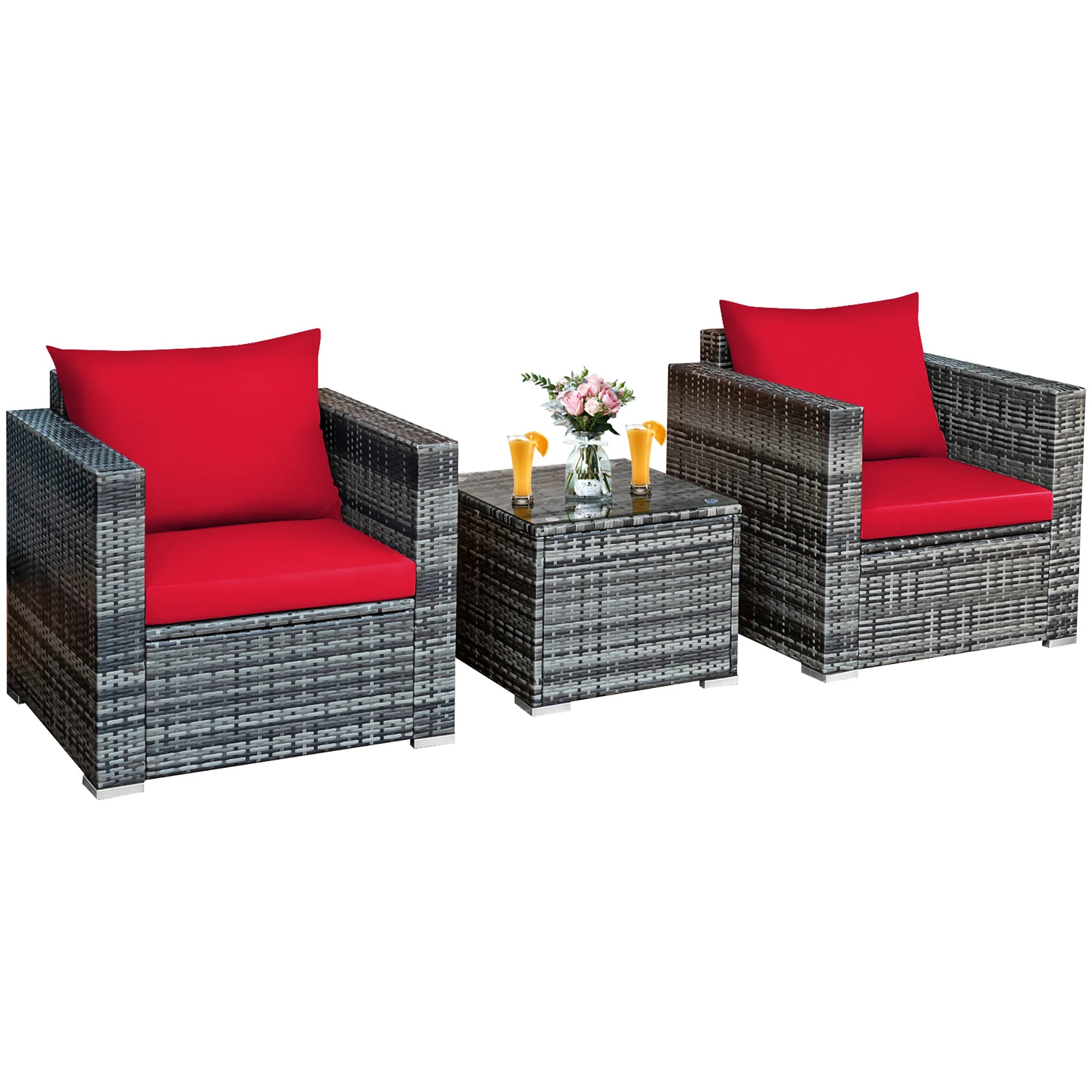 HOMASIS 3-Piece Rattan Patio Bistro Set – Cushioned Sofa Chairs & Tempered Glass Coffee Table for Garden & Poolside