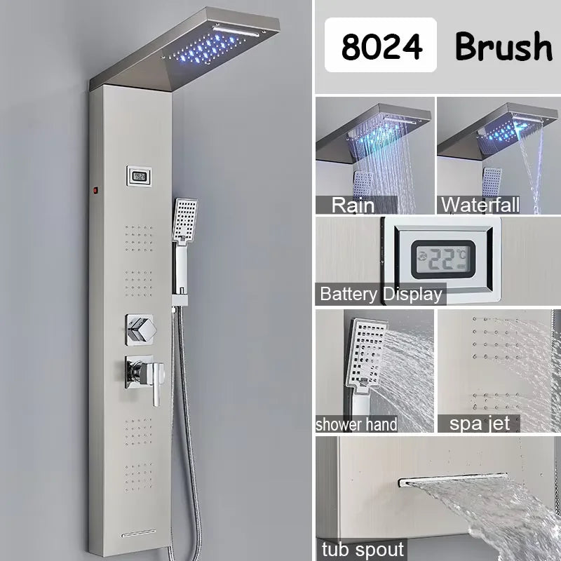 Black/Brushed Stainless Steel 5-function Waterfall Rain Shower Panel with Massage System Tub Spout and Handshower Shower Column