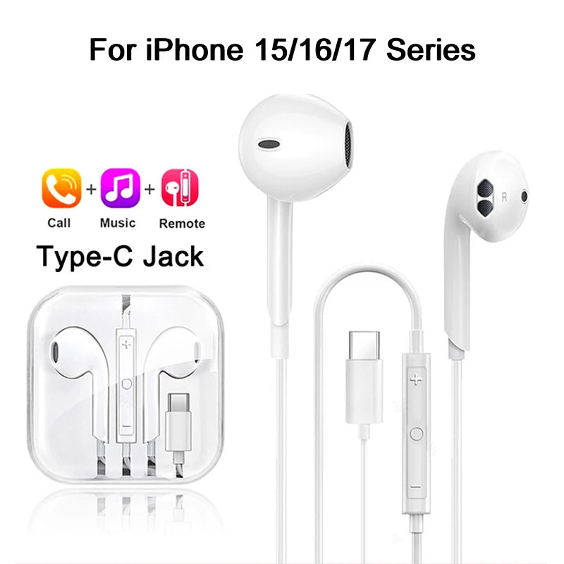 For iPhone 17 16 15 Pro Max Type C Earphones Tablet Laptops Headphones For Apple iPad iPhone 14 13 12 11 Pro Max Wired Earbuds