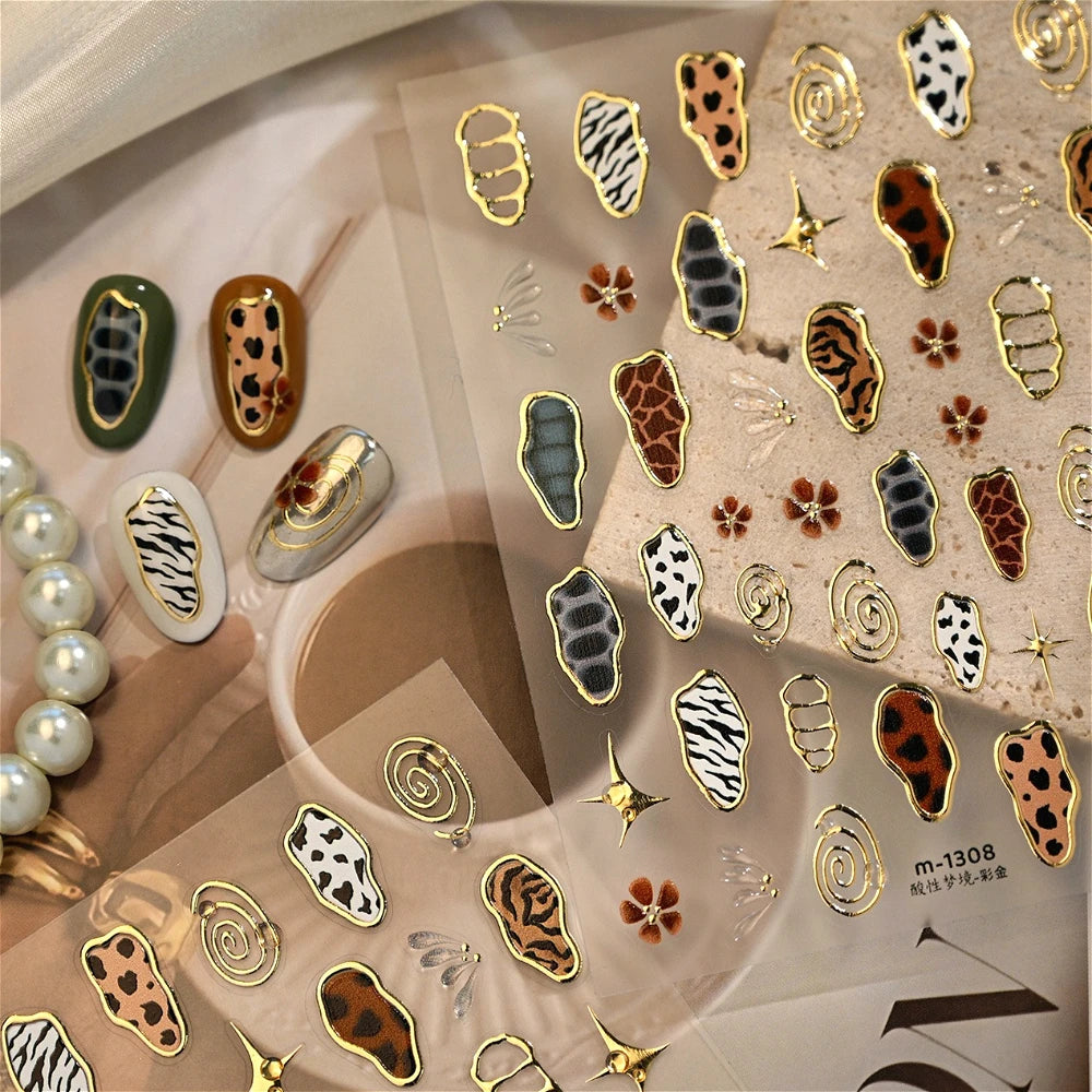 Retro Animal Print Nail Art Stickers – Gold Stars, Leopard, Zebra & Cow Print Manicure Decals