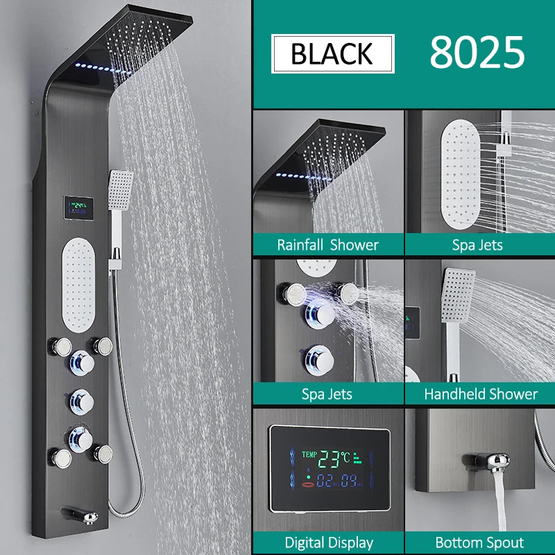 6-Function LED Shower Panel — Rain, Waterfall, Massage Jets, Bidet & More | Brushed Black Nickel