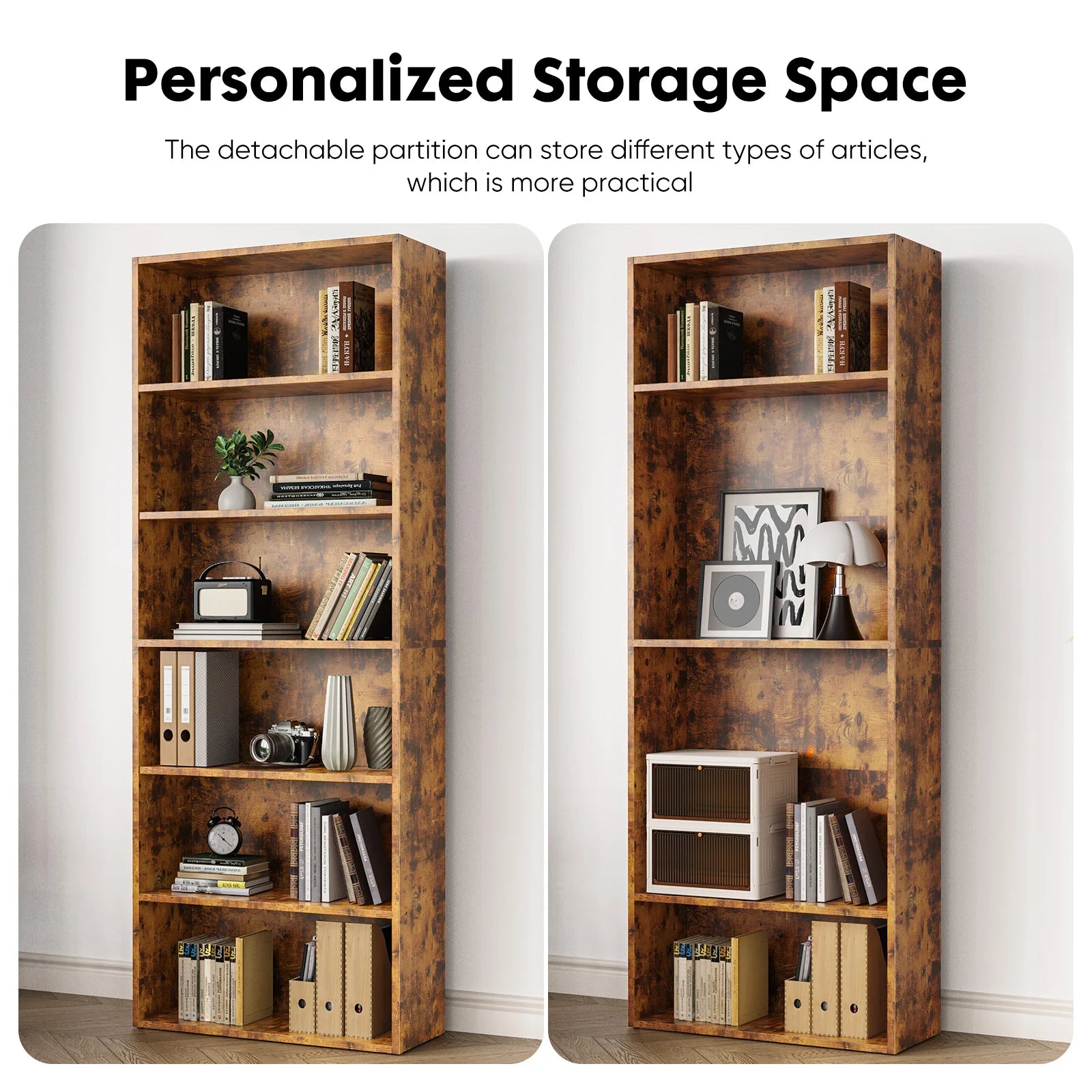 JHK 6-Tier Wooden Bookcase — 63" Tall Open Bookshelf for Living Room & Home Office