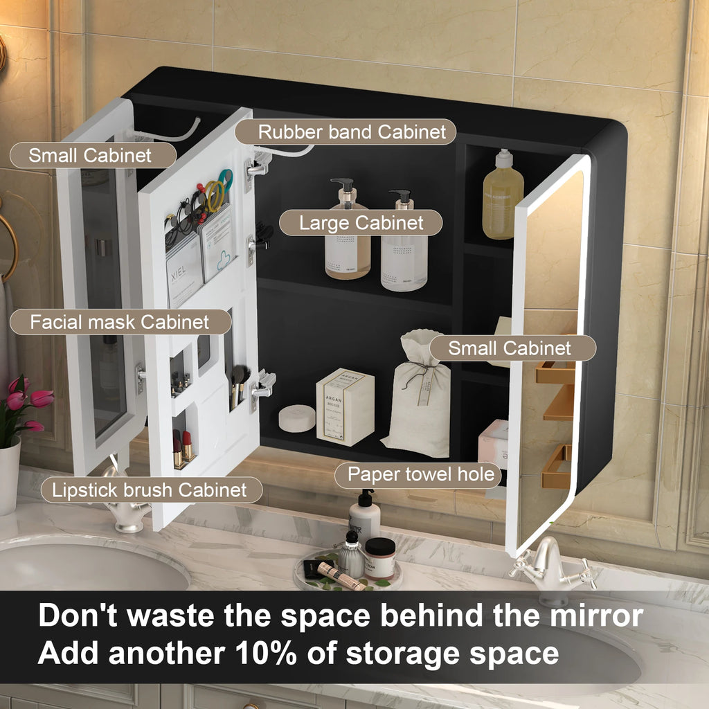 Large LED Medicine Cabinet with Mirror — 2-Door Wall Mount, 5-Compartment Storage, Defogging