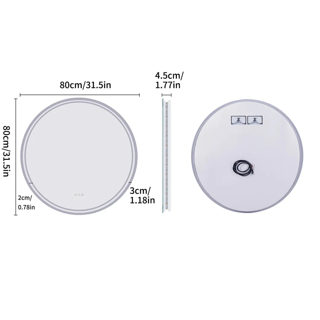 80cm Round LED Bathroom Mirror — Touch Dimmer, Anti-Fog, 3 Color Temperatures, IP44