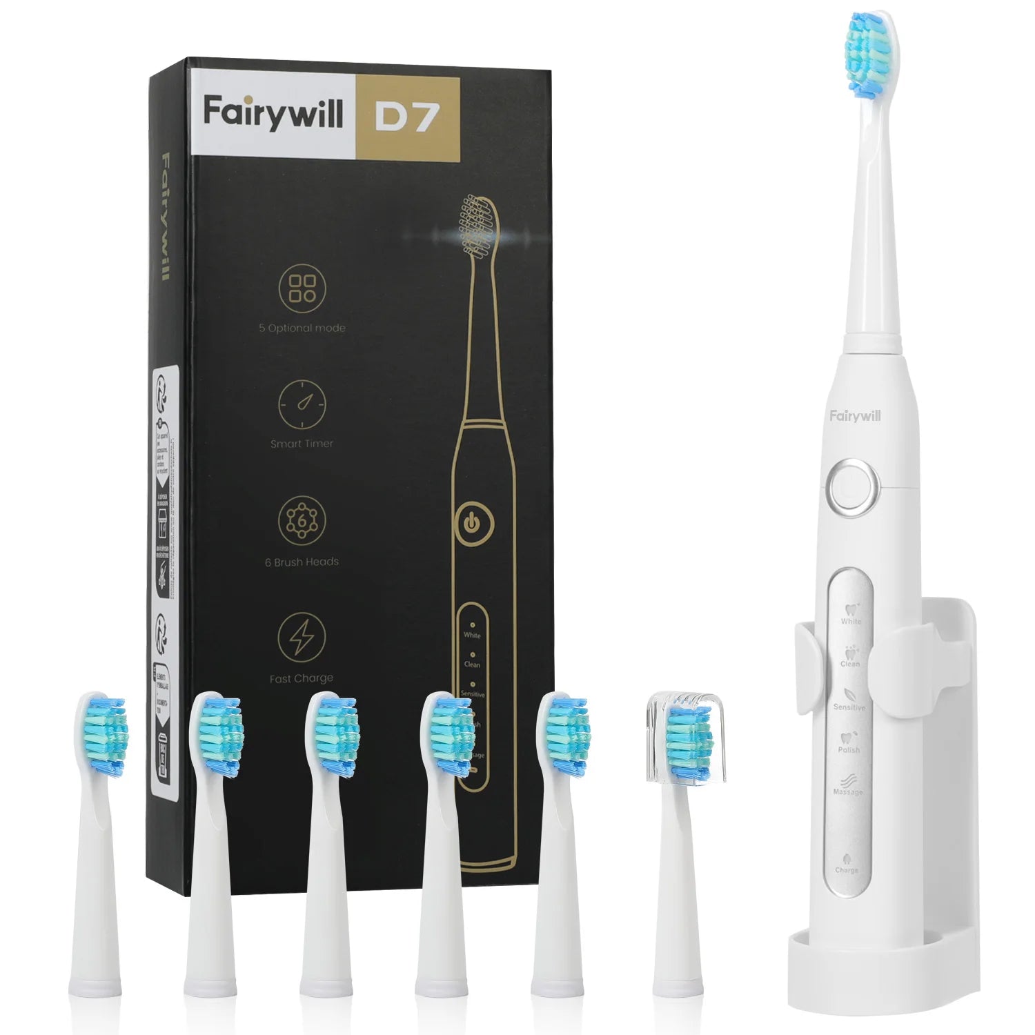Fairywill Electric Sonic Toothbrush USB Charge FW-507 Rechargeable Waterproof Electronic Tooth Brushes Replacement Heads Adult