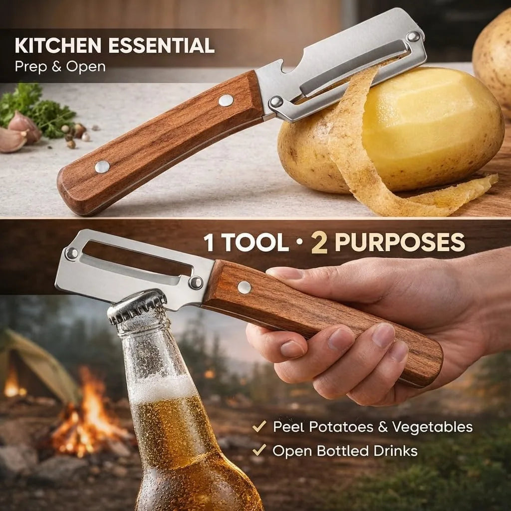 2-Pack 2-in-1 Vegetable & Fruit Peeler with Bottle Opener — Stainless Steel Blade, Wooden Handle, Zero Snag