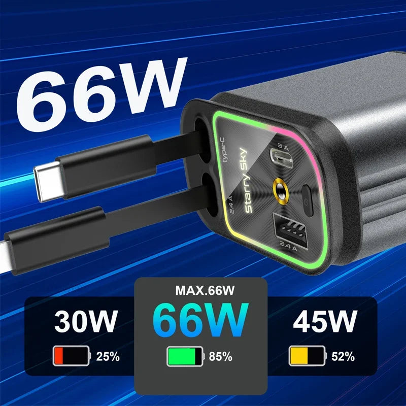 4 in 1 car charger, purple 120W car charger with star spotlight, with charging cable & 2 charging ports, GM charging