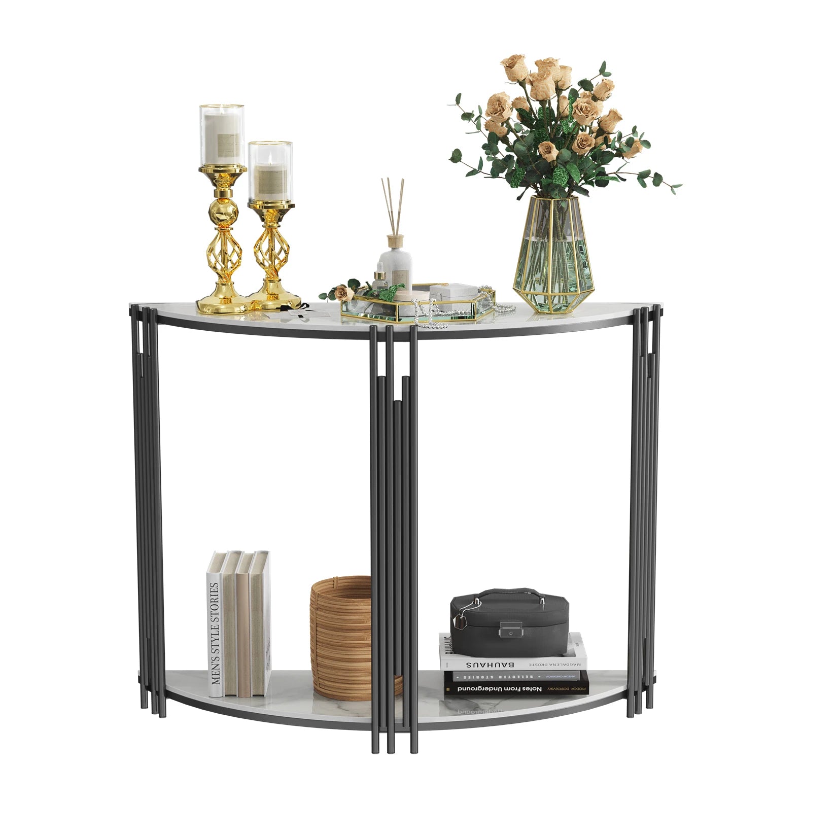 Half-Moon Console Table — 2-Tier Sintered Stone Top, Black Iron Base, Entryway & Hallway