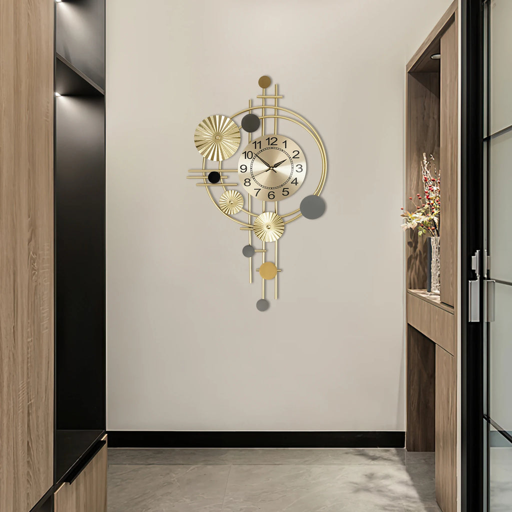 Large Gold Decorative Wall Clock — 17.7" × 30.7", Silent Sweep Movement, Modern Iron Art for Living Room & Bedroom