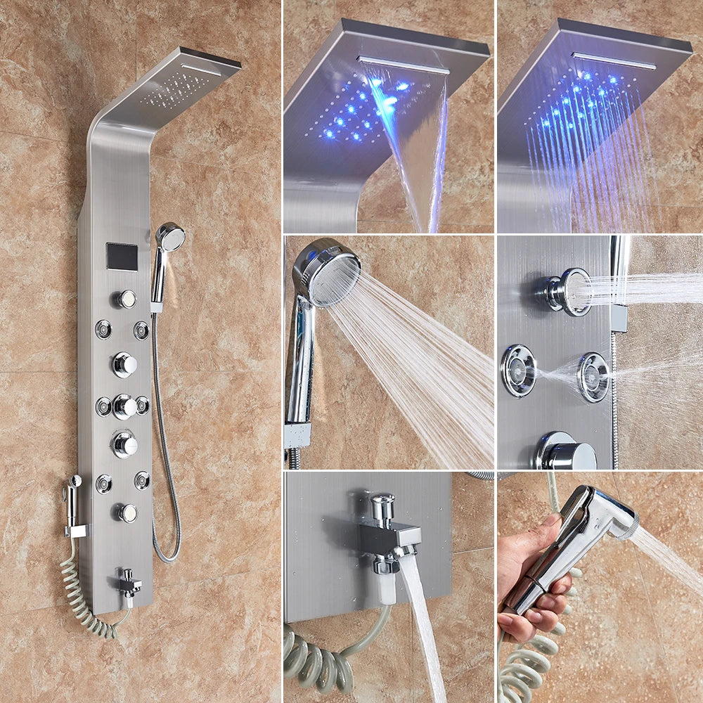 Luxury Black/Brushed Bathroom Shower Faucet LED Shower Panel Column Bathtub Mixer Tap With Hand Shower Temperature Screen