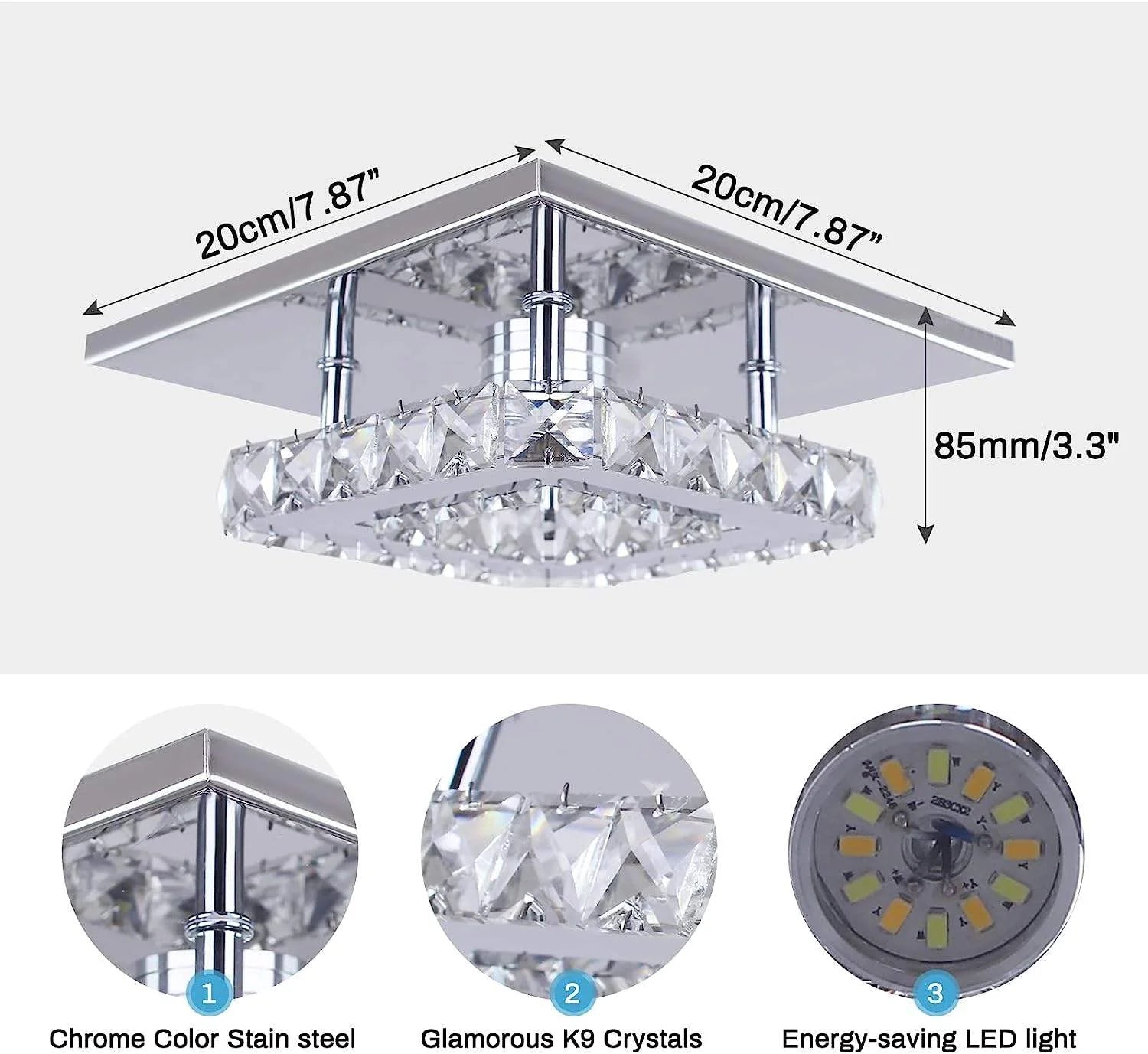 LED Crystal Chandelier — Semi Flush Mount Ceiling Light, Warm White, 8×5", UL Listed, Bulb Included