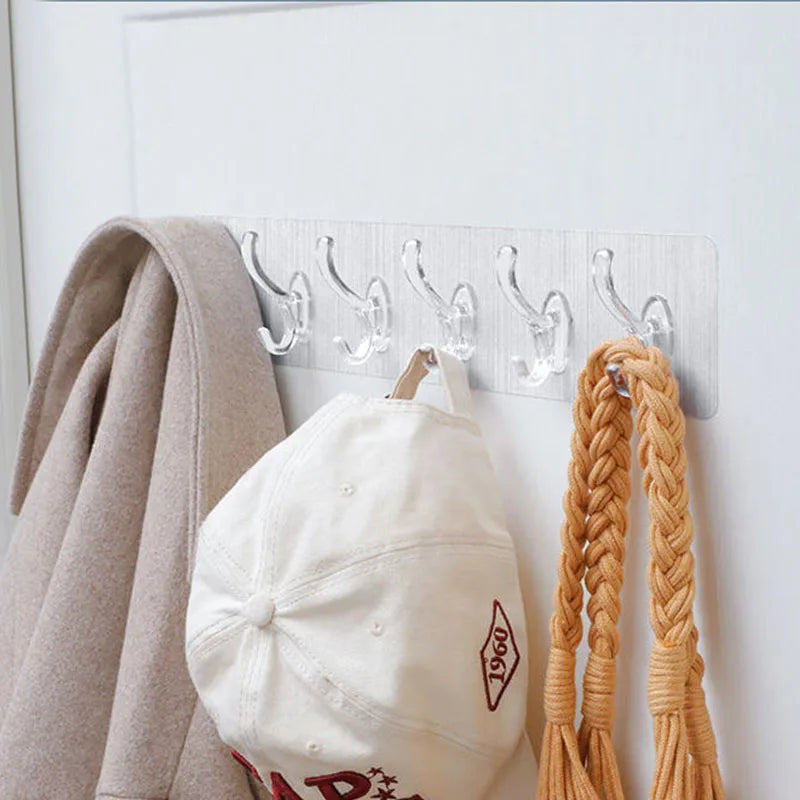 Transparent Multi-Hook Wall Organiser Rack - Seamless Adhesive Hanger for Bathroom, Kitchen & Hallway
