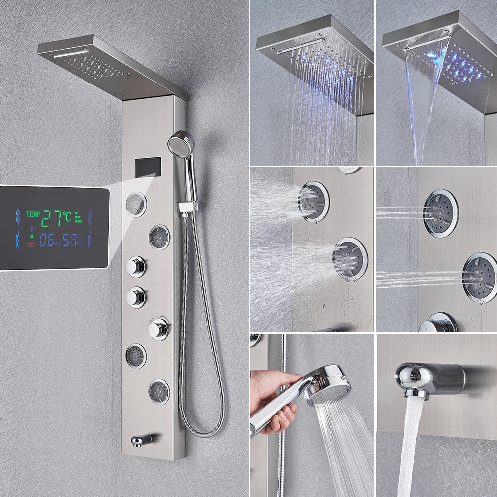 Luxury Black/Brushed Bathroom Shower Faucet LED Shower Panel Column Bathtub Mixer Tap With Hand Shower Temperature Screen