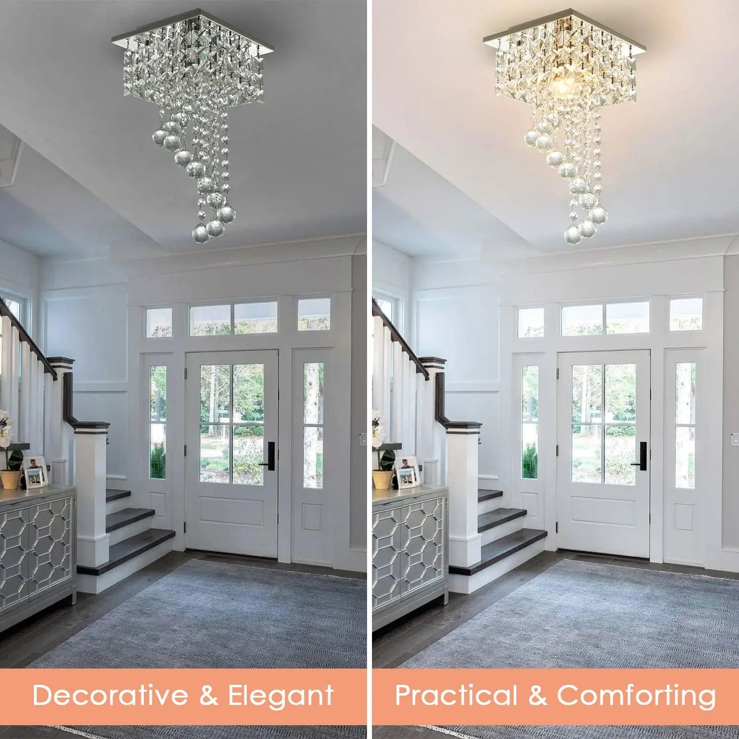 Mini K9 Crystal Chandelier — 7.9" Square Flush Mount Ceiling Light, E26, Stainless Steel, UL Listed