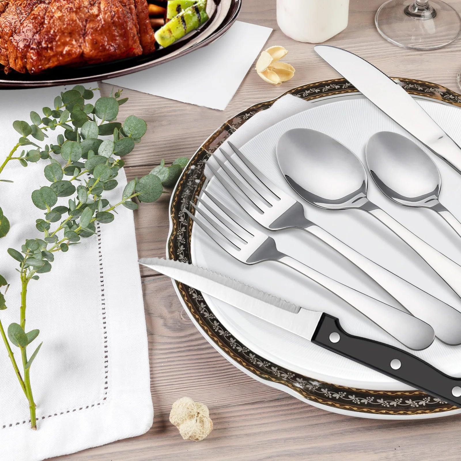 24-Piece Mirror Polished Stainless Steel Flatware Set — Service for 4 with Steak Knives, Dishwasher Safe