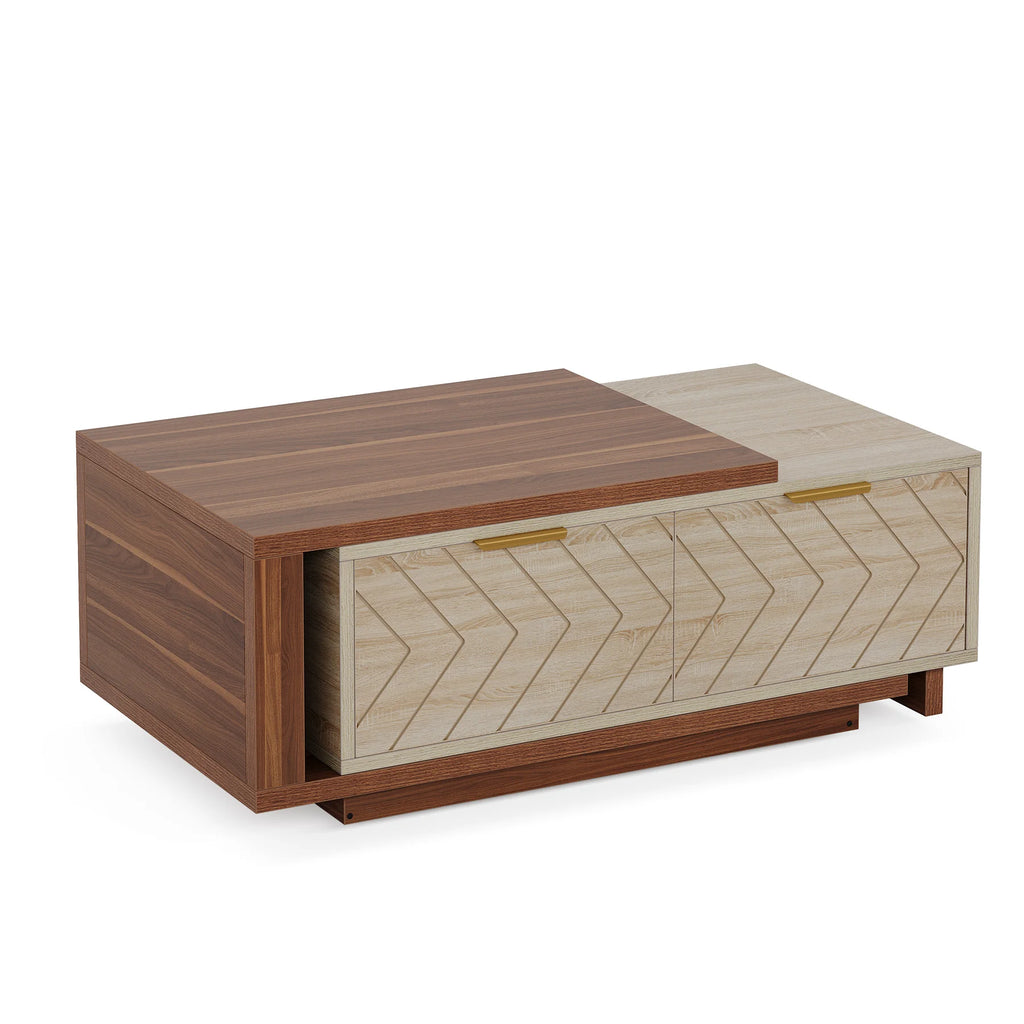 Extendable Coffee Table 42"–65" | Dual-Tone Walnut & Oak, 2 Drawers, Brass Hardware — Minimalist Modern