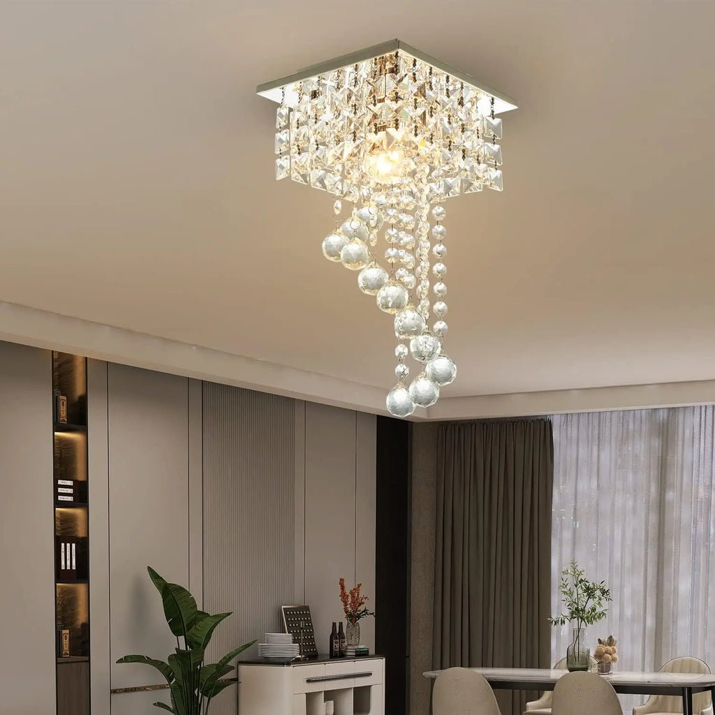 Mini K9 Crystal Chandelier — 7.9" Square Flush Mount Ceiling Light, E26, Stainless Steel, UL Listed