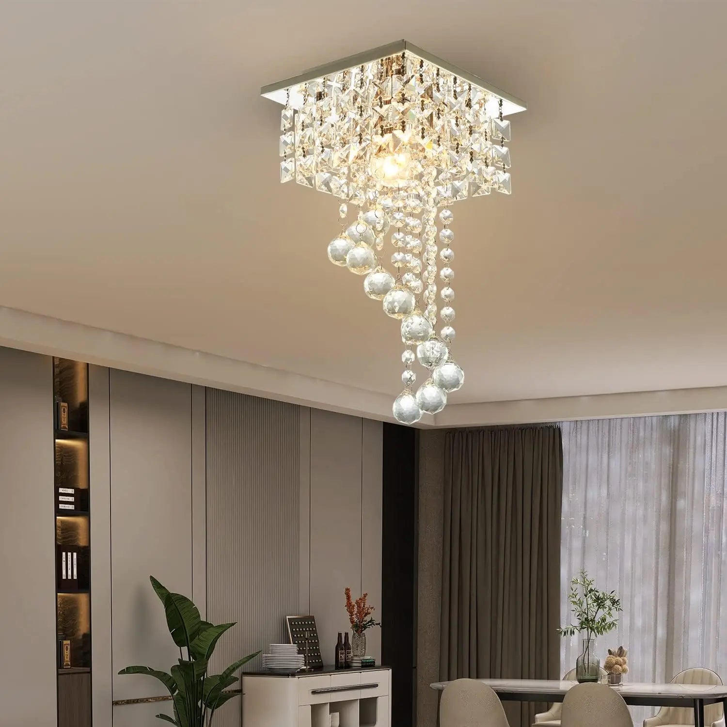 Mini K9 Crystal Chandelier — 7.9" Square Flush Mount Ceiling Light, E26, Stainless Steel, UL Listed