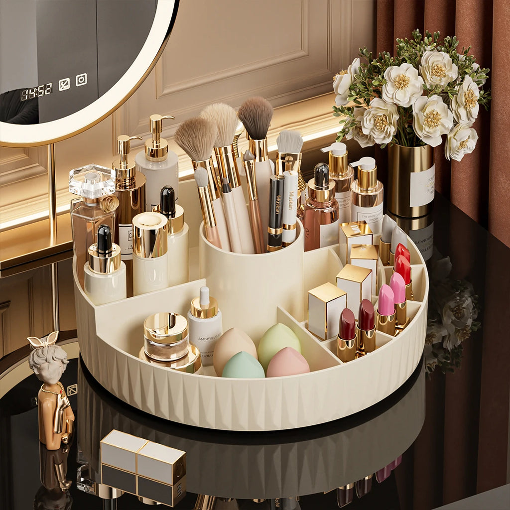 360° Rotating Makeup Organizer — Multi-Compartment Storage for Lipstick, Brushes & Skincare
