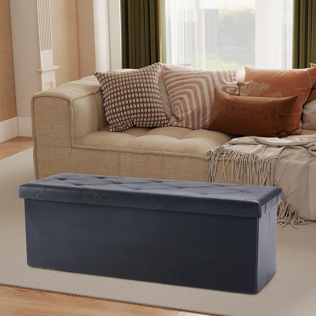 43" Folding Storage Ottoman — Leather Footstool & Bedroom Bench, 660 lb Capacity, Memory Foam Seat