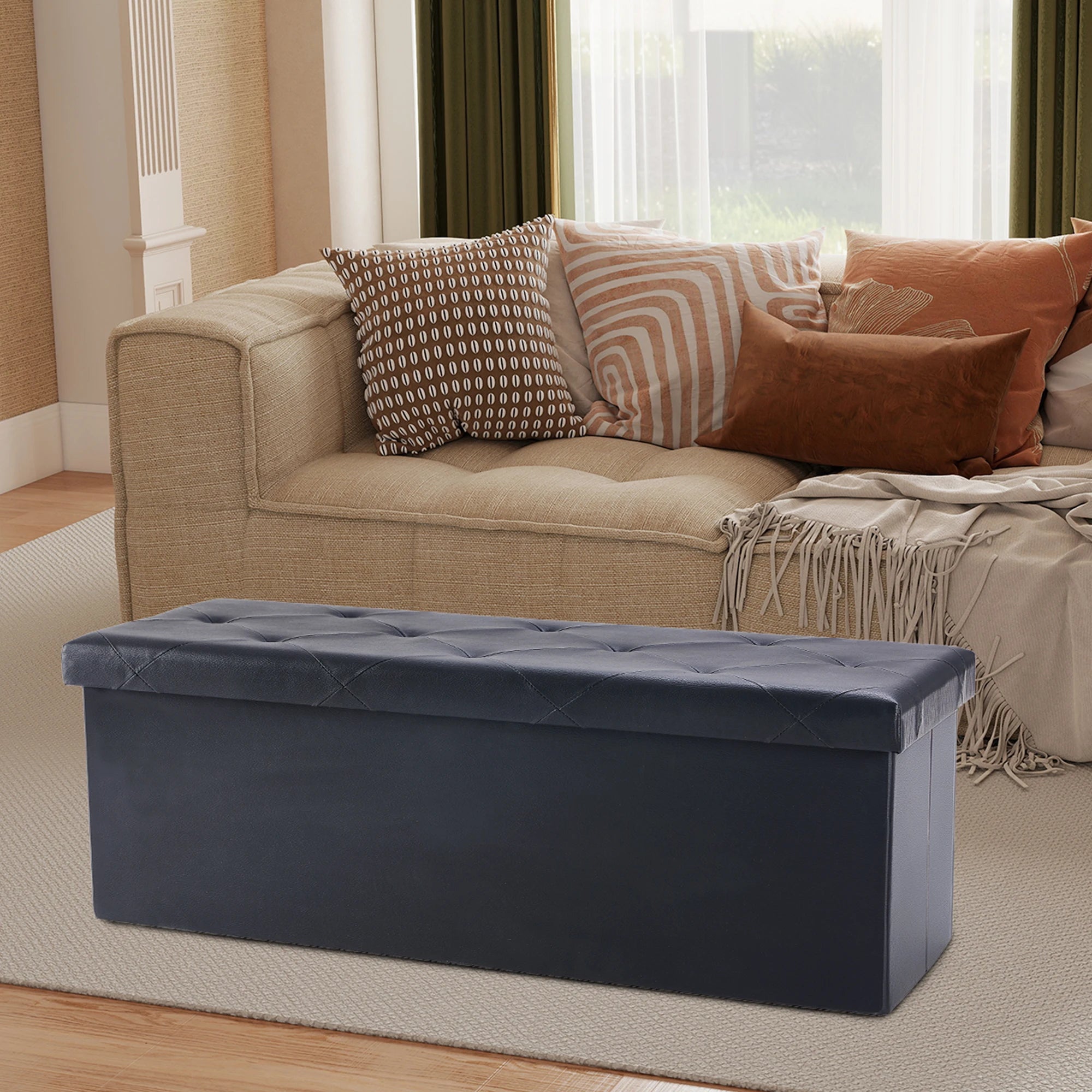 43" Folding Storage Ottoman — Leather Footstool & Bedroom Bench, 660 lb Capacity, Memory Foam Seat