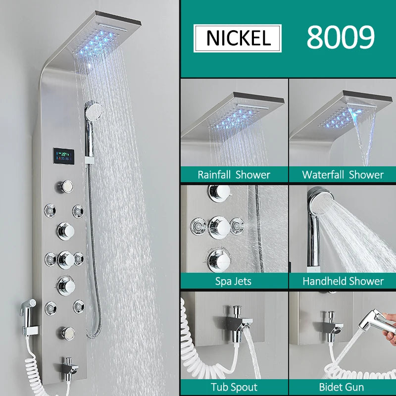 6-Function LED Shower Panel — Rain, Waterfall, Massage Jets, Bidet & More | Brushed Black Nickel