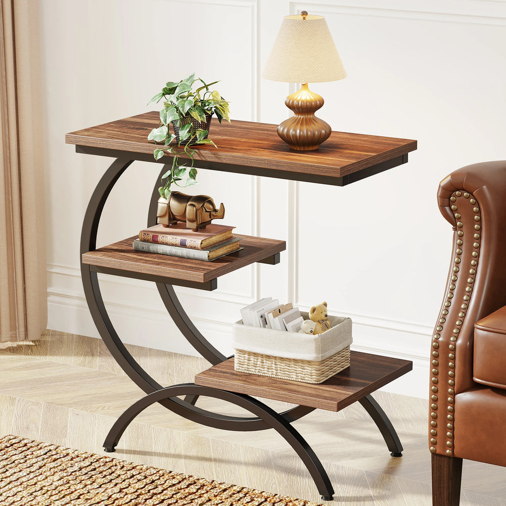 Tribesigns C-Shaped End Table with 3-Tier Storage Shelves | Industrial Sofa Side Table