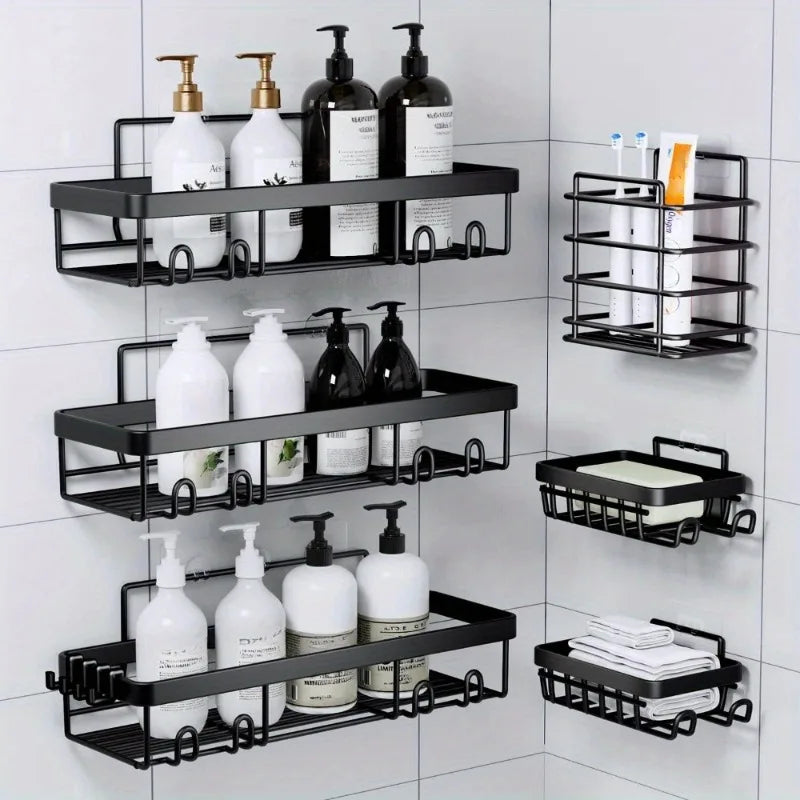 6-Pack Self-Adhesive Shower Caddy Shelves — No-Drill Black Metal Bathroom Organizer Rack