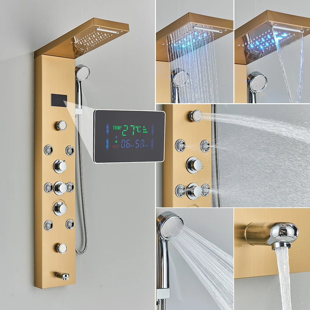 Luxury Black/Brushed Bathroom Shower Faucet LED Shower Panel Column Bathtub Mixer Tap With Hand Shower Temperature Screen