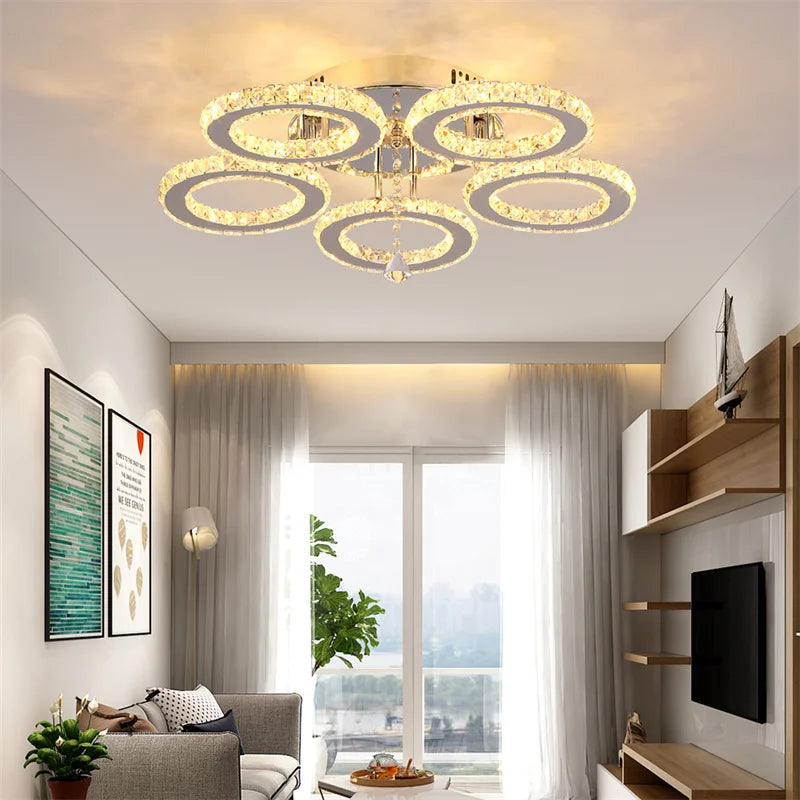 Modern LED Crystal Ring Chandelier | Dimmable | 3 or 5 Ring | Chrome Finish