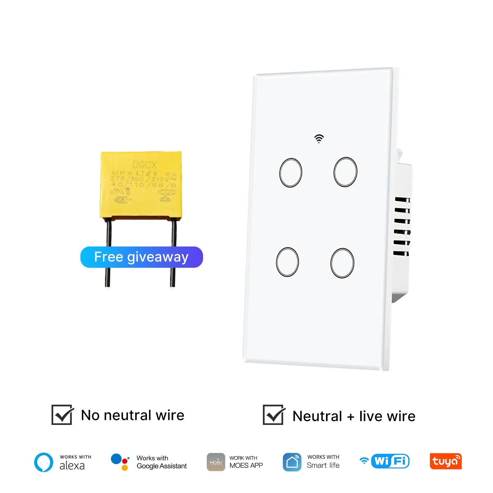 Tuya WiFi Smart Light Switch Glass Touch Control Fireproof No Neutral Wire Required Remote Control Work With Alexa Google Home