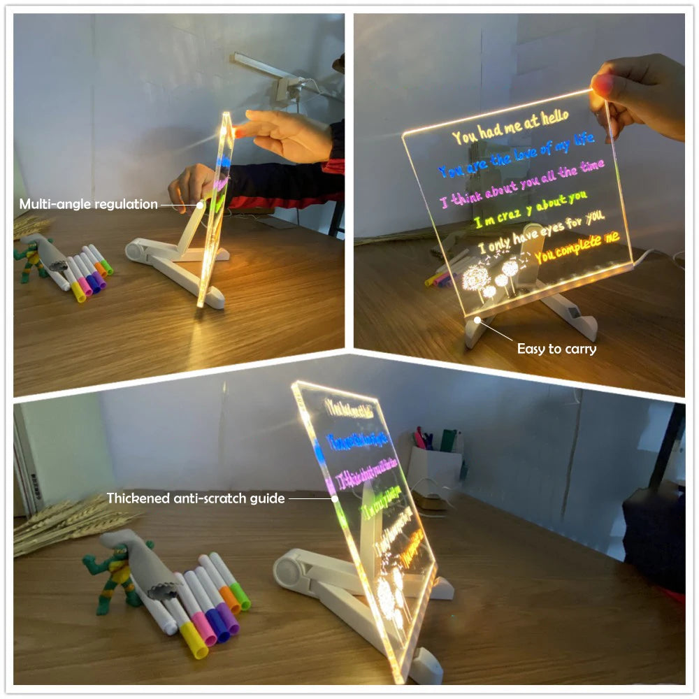 LED Acrylic Light-Up Message Board with 7 Colour Pens | DIY Drawing & Night Light for Kids