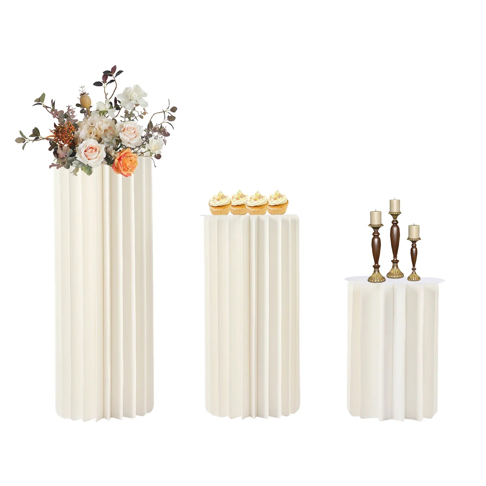 3PCS Wedding Party Flower Stand Cylinder Foldable Cardboard Centerpiece Dessert Table Columns Display Stand 40+60+80cm