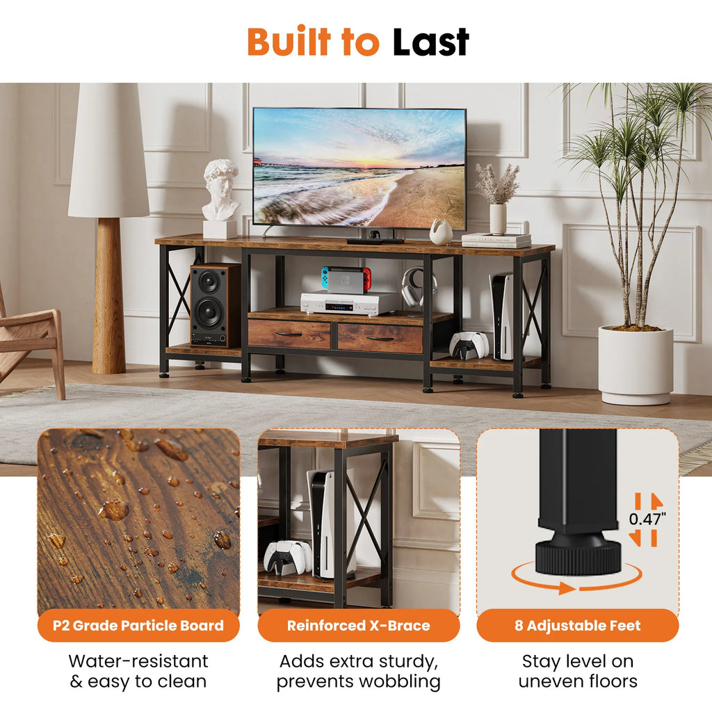 TV Stand for 70"/75" TVs — Media Console with Charging Station, 2 Fabric Drawers & 4 Open Shelves