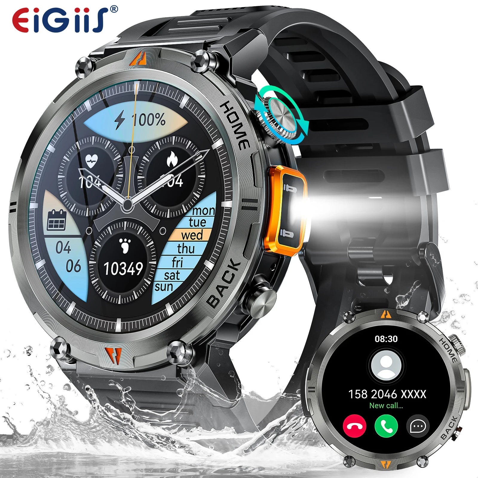 EIGIIS KE3 Smart Watch — Bluetooth Calls, LED Flashlight & Health Monitor