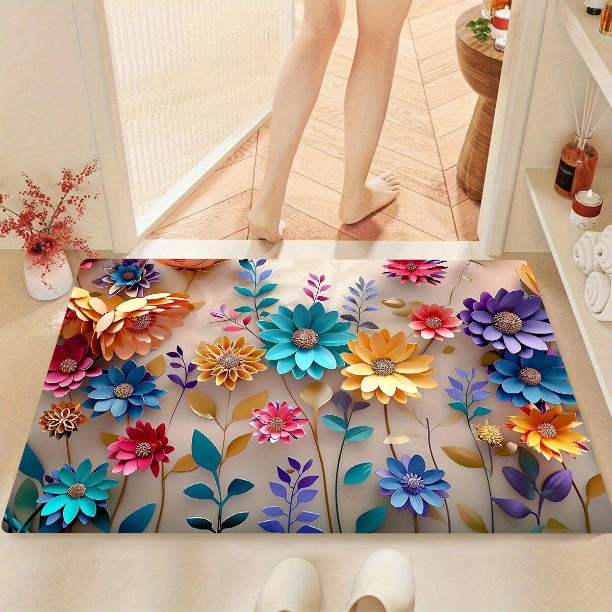 Floral Print Bathroom Mat - Anti-Slip, Super Absorbent & Quick-Dry Shower Floor Mat